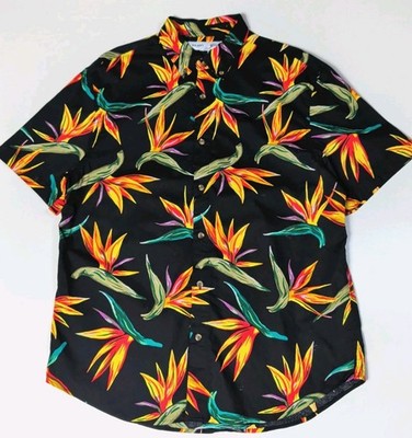 Old Navy Herren Hawaii Aloha Hemd Schwarz Floral Slim Fit L Built-In Flex