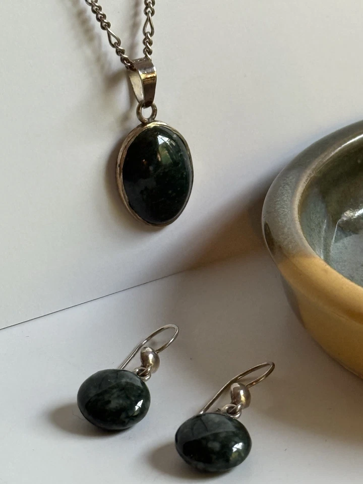 Серебро 925 зеленый мох агат ожерелье, серьги и кольцо комплект шикарный! - Изображение 4 из 4