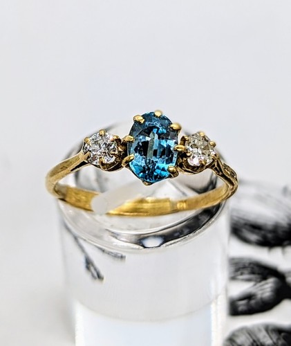 Vintage Edwardian 18ct Gold Blue Topaz & Diamond 1.0ct Trilogy Ring Size P - Picture 18 of 24