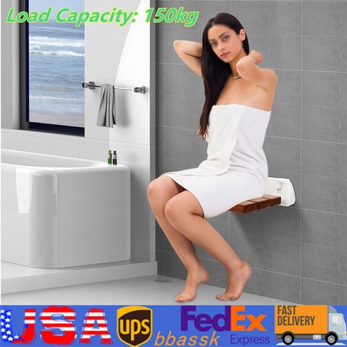 Folding Wood Shower Seat 13.6*13 in Wall Mounted Shower Bench 330lbs Bathroom