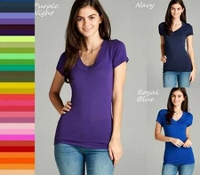 Small / Medium Wide Band V-Neck T-Shirt Basic Short Sleeve Soft Stretch Tee Top