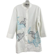 Ming Wang Tunic Jacket Size Large White Floral Embroidered Mandarin Collar