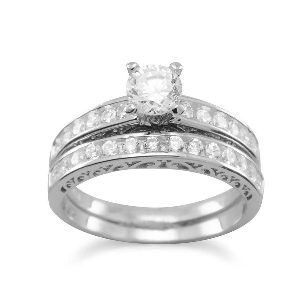 Rhodium Plated Wedding Band Set 925 Sterling Silver Women Ladies Engagement  Ring