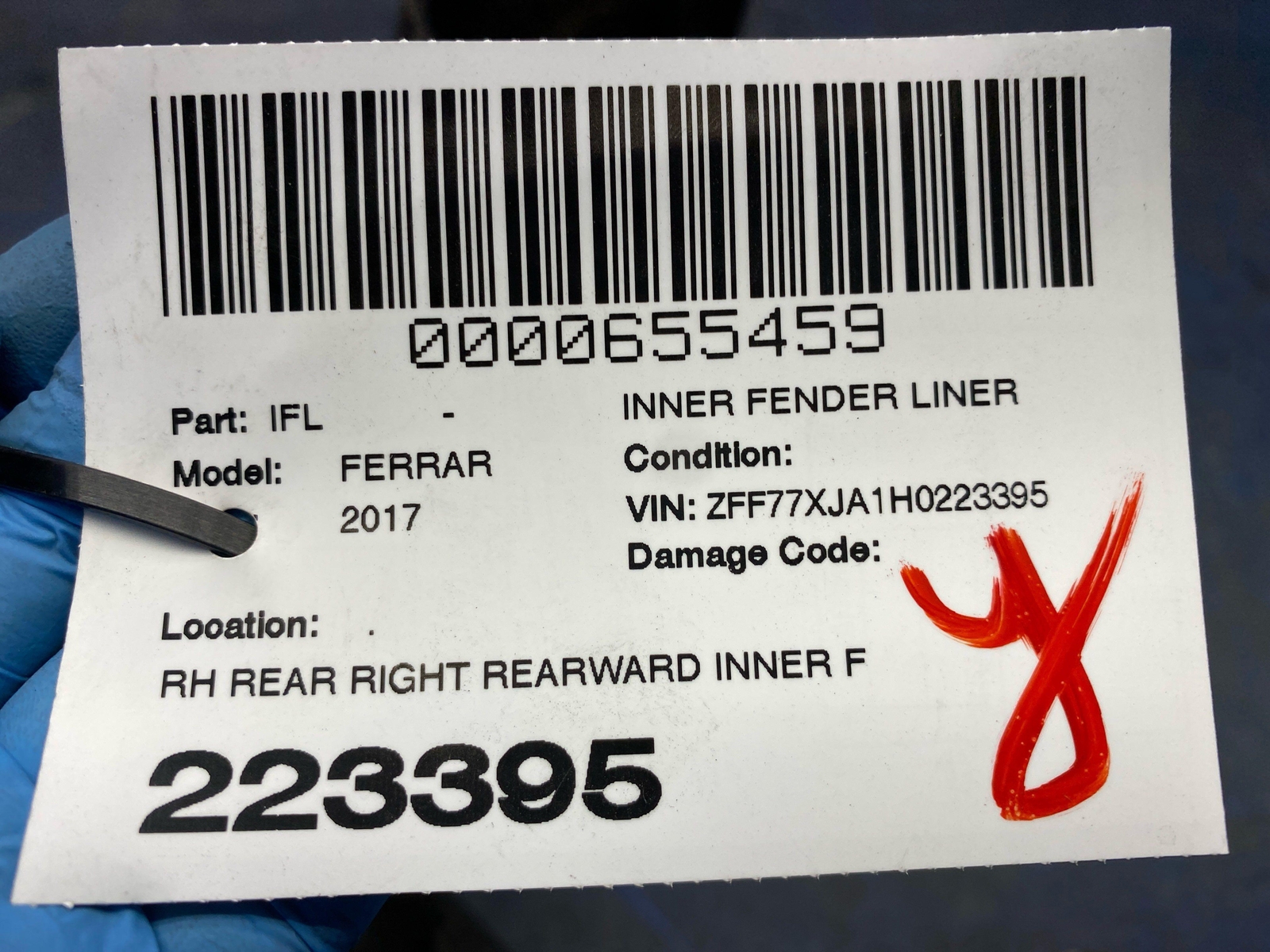 2015-2018 FERRARI CALIFORNIA REAR RH REARWARD INNER FENDER LINER SPLASH SHIELD