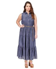 Michael Kors Women's Chain-Belt Tiered Shirtdress, Indigo Rinse, P/XL