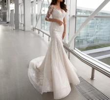 Sexy Mermaid Wedding Dresses Long Sleeves Lace Appliques Sweep Train Bridal Gown