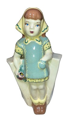 vintage little girl in blue yellow dress figurine vase Weil Ware CA Pottery 10''