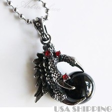 Vintage Men's Stainless Steel Dragon Claw Black Agate Beads Pendant Necklace