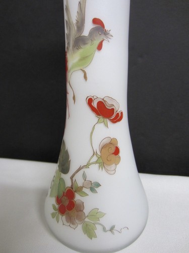 Antique Victorian White Satin BRISTOL GLASS Slender Vase Red Asian Rooster Flora - Picture 6 of 9