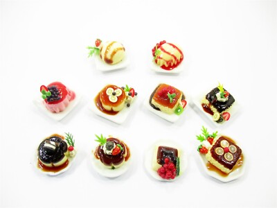 Dollhouse Miniatures Food 10 Fruit Pudding Ceramic Plates Desserts Sweet 14696