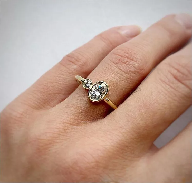 Toi Et Moi 1 Ct Oval Round White Moissanite Bezel Set Party Ring