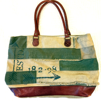 Mona B Canvas Leather Trim Tote Upcycled Distressed Indie Art Hoe Boho Retro