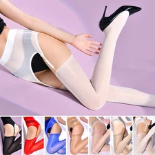 Women Sheer Shiny Glossy Tights Thigh High Stockings with Suspender Garter Belts