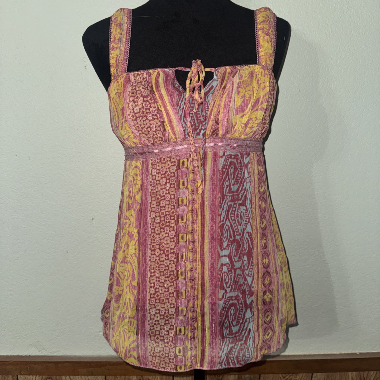 Jordache Y2K Babydoll Fairy Boho Tank Top Sheer Small Jrs Flowy Cottagecore