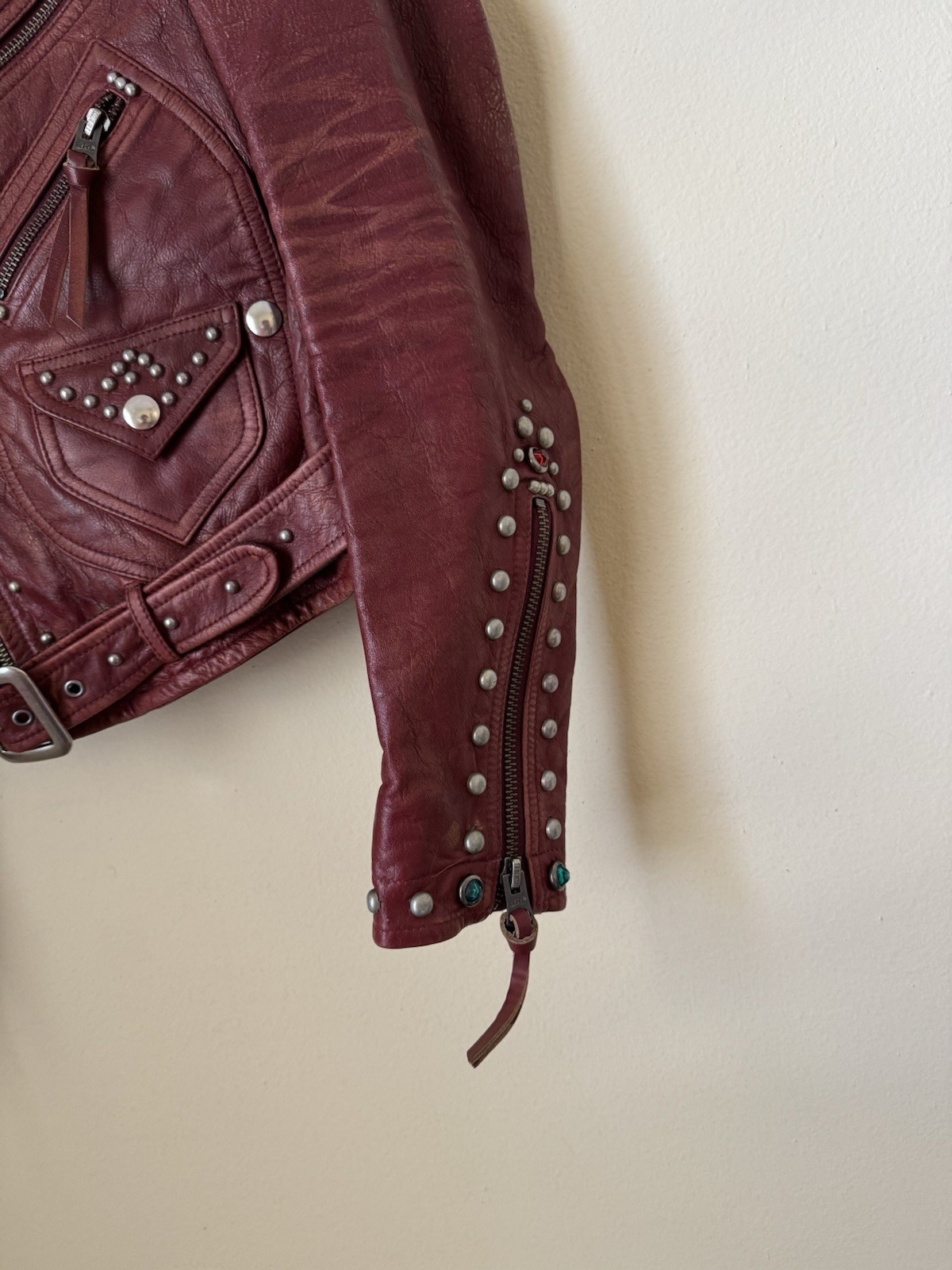 RRL Double RL Ralph Lauren New Studded Leather Moto Jacket Distressed Red Size 3 image 3