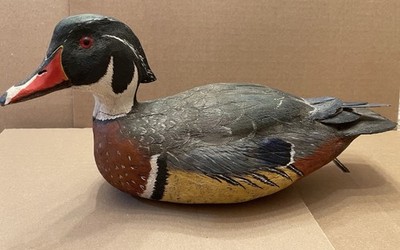 Hand Carved Wood Duck Folk Art Carving Signed JCP Painted Glass Eyes 14'' Decor