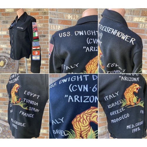 Women's M Navy USS D.Eisenhower Tour Jacket CVN-69 Vintage 80s Embroidered - Afbeelding 2 van 4