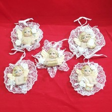 Vintage Ceramic Bisque Cherub Angel Ornaments Set of 5