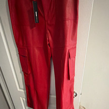 Fashion Nova Red Faux Leather Cargo Pants Straight Leg Pockets Size 36