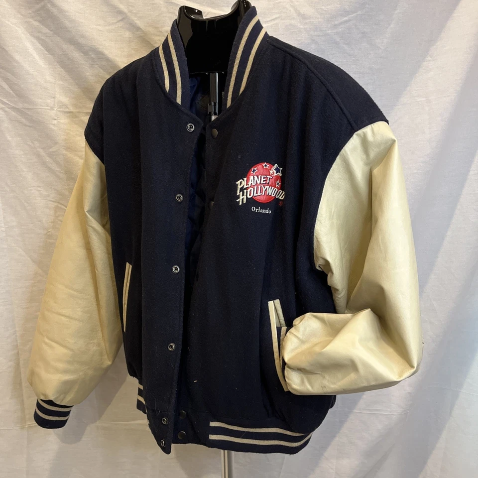 CHAQUETA BOMBER DE COLECCIÓN RARA PLANET HOLLYWOOD ORLANDO LANA CON MANGAS DE CUERO TALLA L Foto 3 de 4