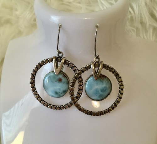 "Pendientes colgantes grandes vintage de plata de ley Larimar nativos americanos de 2""" - Imagen 12 de 13