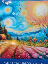 Stamped Cross Stitch,Van Gogh Sky Over Fields of Flowers, 14ct, 40x40, 25 Colors