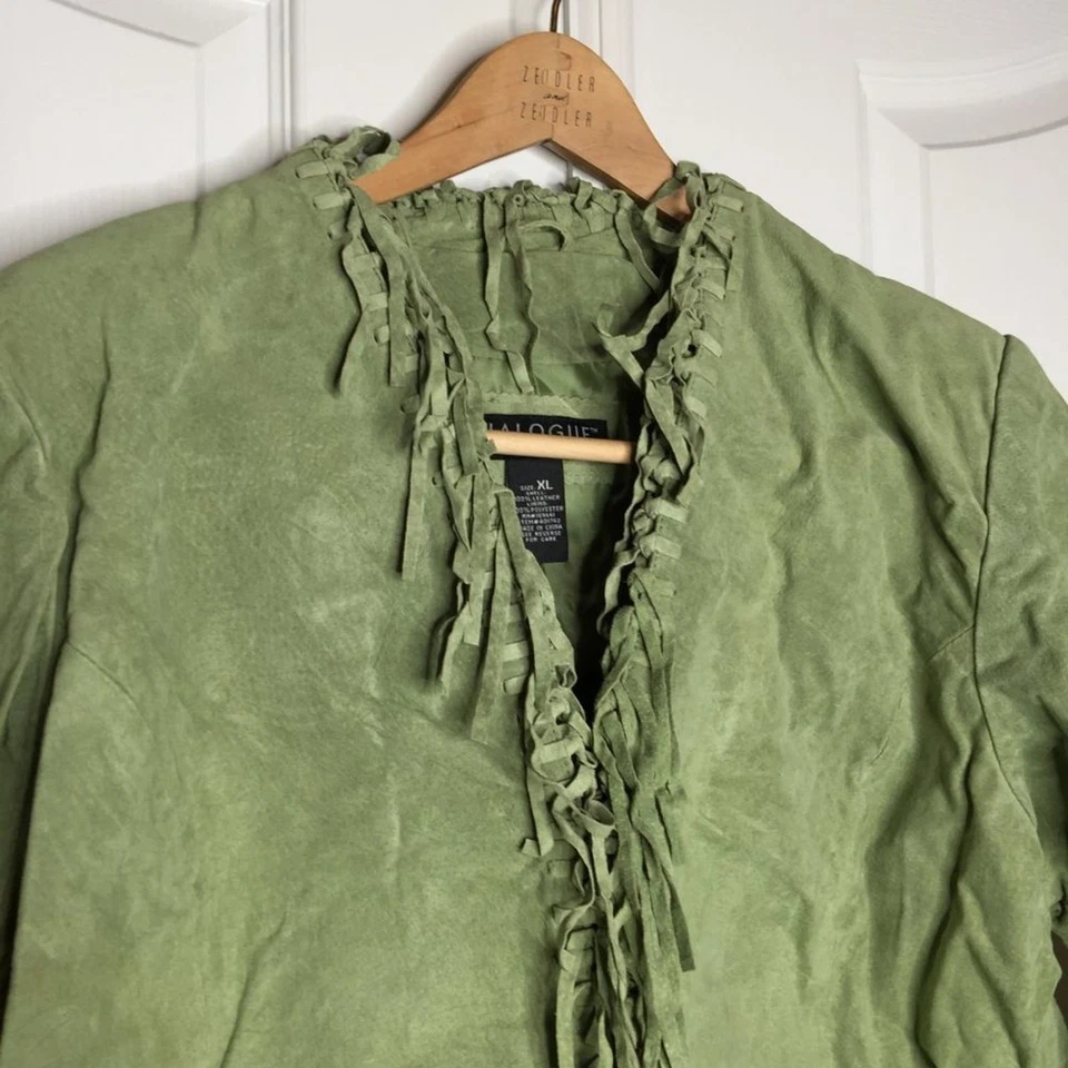 Dialogue Cowboy Fringe Leather Jacket Western Blazer Long Sleeve Green Size XL - Image 3 of 4