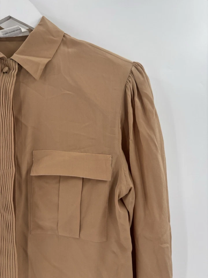 Blusa JH Collectibles Vintage 100% Seda Mujer 8 Marrón Años 80 Mangas Largas Plisada Foto 4 de 4