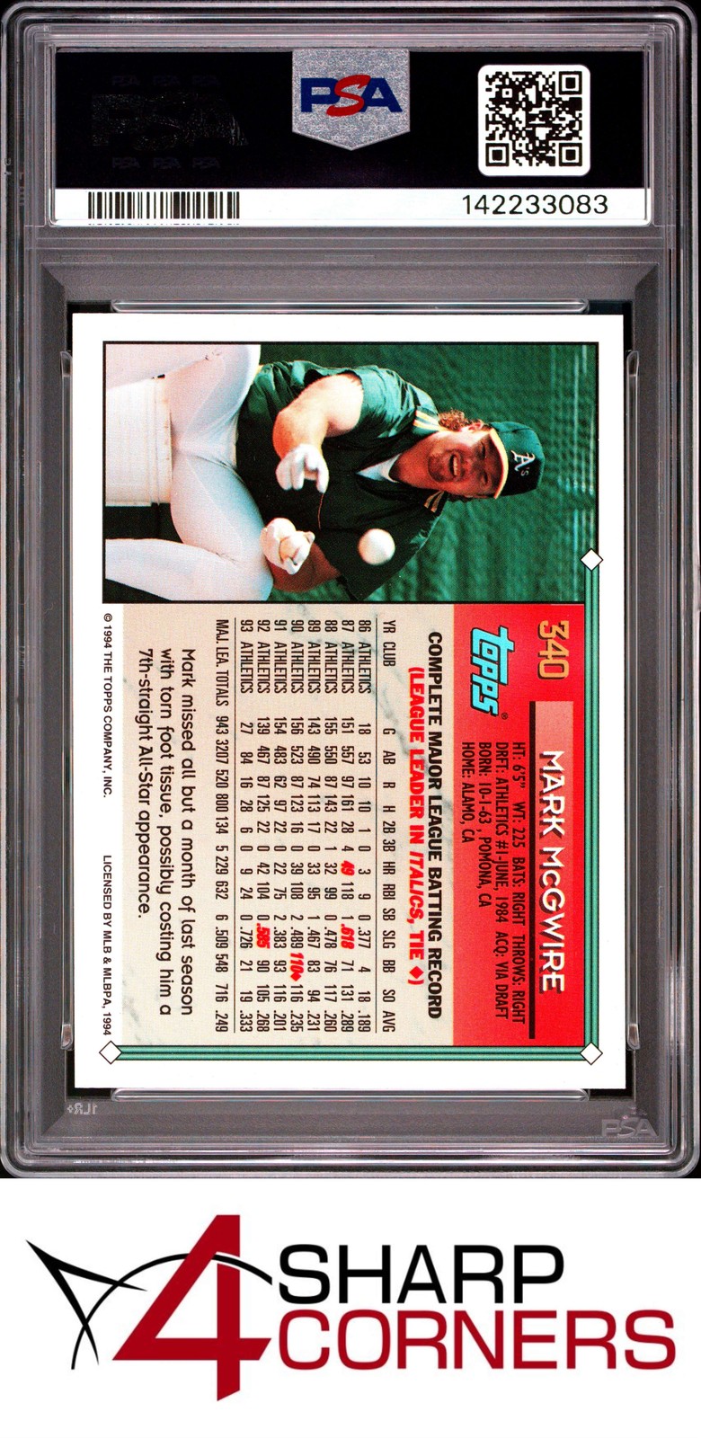 1994 TOPPS #340 MARK McGWIRE ATHLETICS PSA 10 view 2