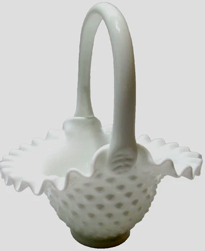 Vintage Fenton Glass Basket Hobnail White Milk Glass 8" Tall #1