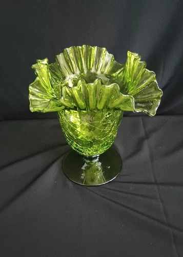 Vintage Blenko 8" Tall Footed Vase Green Ruffle Rim Crackle Glass