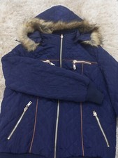 Women's Navy Blue Short With Hat Jacket With Brown Line Color Size M