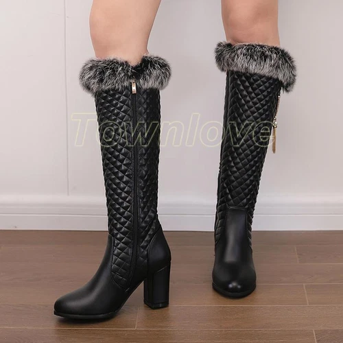 Halbhohe kniehohe Stiefel halbhoher Absatz Damen warm Fellbesatz Schnee Freizeitschuhe - Bild 3 von 6