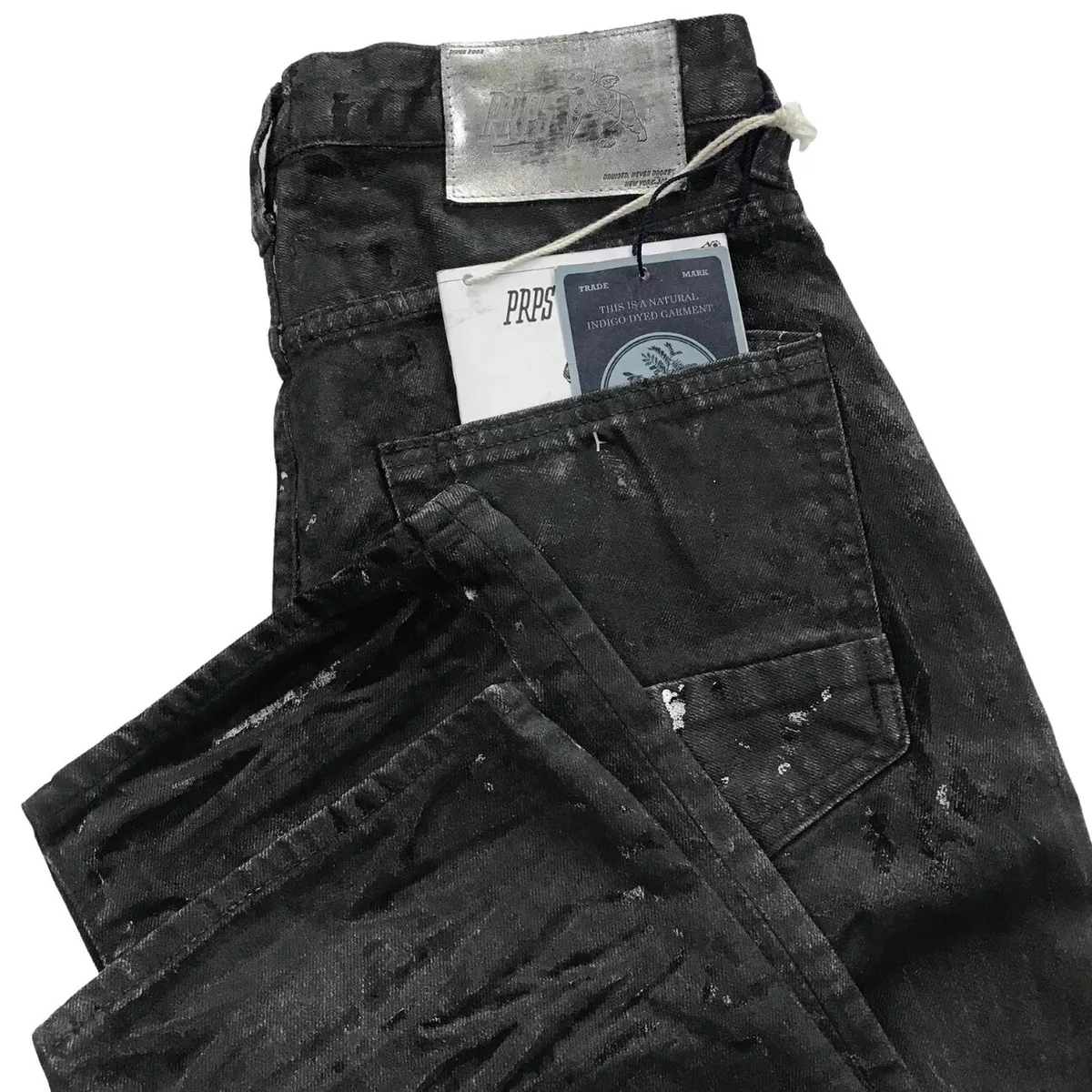 PRPS Demon Slim Fit Black Resin Coated Denim Jeans w 3D Crinkle Sz