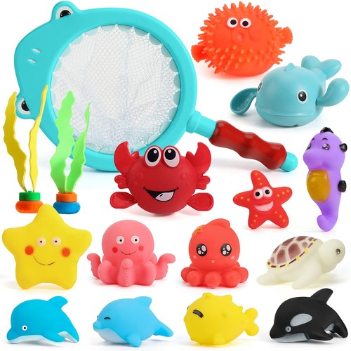 16PCS Bath Toys, Baby Kids Floating Animal Toys Pool Toy Set Fishing Net Cloc...