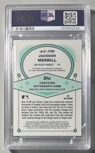 Jackson Merrill Rookie Auto 2024 Topps Brooklyn Collection /99 PSA 10 sur carte RC - Photo 2 sur 3