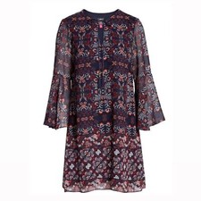 Vince Camuto Blue Bohemian Paisley Print Chiffon Bell Sleeves Tassel Bow Dress 6