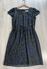 Loft Green Black Floral Cap Sleeve Waist Tie Fit & Flare Dress Sz 6