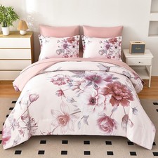 Floral Comforter Sets 7 Piece Bed in a Bag, Soft Lightweight Microfiber Bed C...
