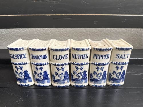 Vintage Blue Willow Blue & White Ceramic Book Shaped Spice Jars (6)