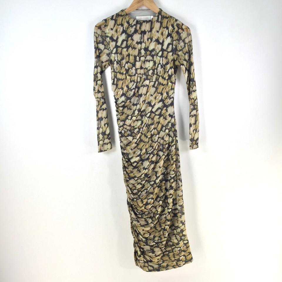Sunny Girl dress womens 8 midi bodycon stretch beige geometric long sleeve115326