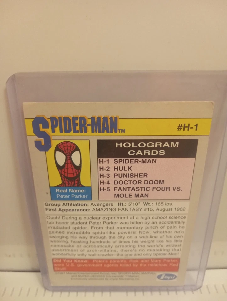 Tarjeta holográfica Marvel Universe Spider-Man 1991 serie II # H-1 Foto 2 de 4