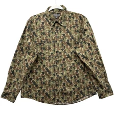 LL Bean Signature Shirt Mens Large Green Camo Slim Fit Button Front Cotton