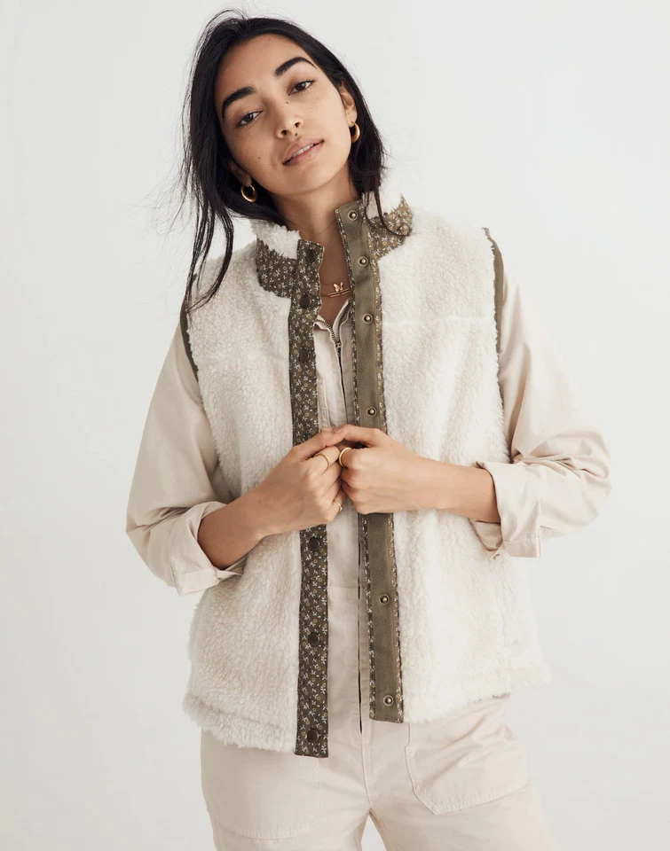 Madewell Teddy Sherpa Vest Size L Ivory Floral Trim Cozy Layer Preppy Layer NWT  - Image 2 of 4