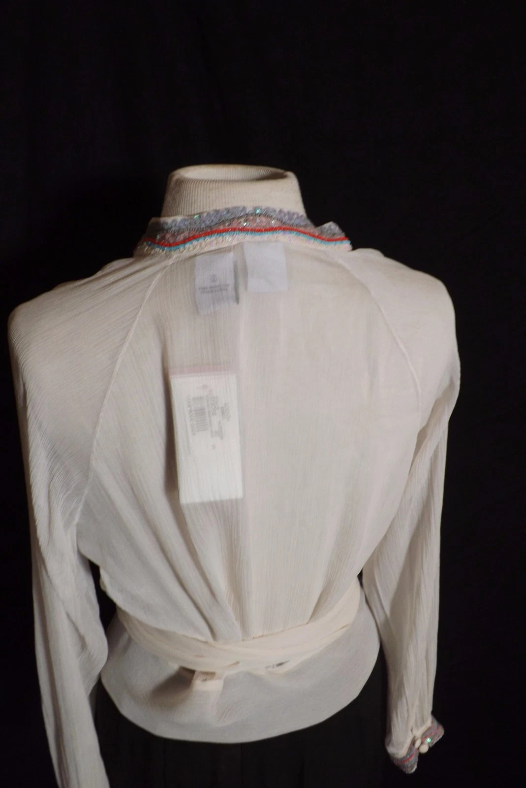 OFF WHITE Camicia ARMANI EXCHANGE Off White Cloud 100% seta perline cravatta davanti PICCOLA NUOVA CON ETICHETTE