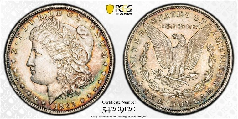1893 O $1 Morgan Silver Dollar PCGS UNC- Details Cleaned , Toned , Gold Shield
