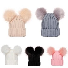 Pure Color Warm Ski Beanie Women Ladies Hats Bobble Double Pom Pom Hat