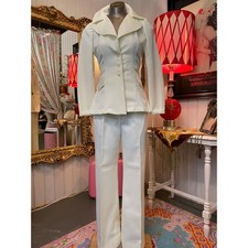 vintage 1970s cream pantsuit 70s jacket and pants flared butterfly mod polyester