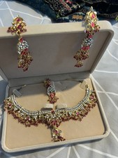 Asian Indian Blue Pearly Necklace Earrings Jewellery Set 4Pcs Party Wedding *UK*