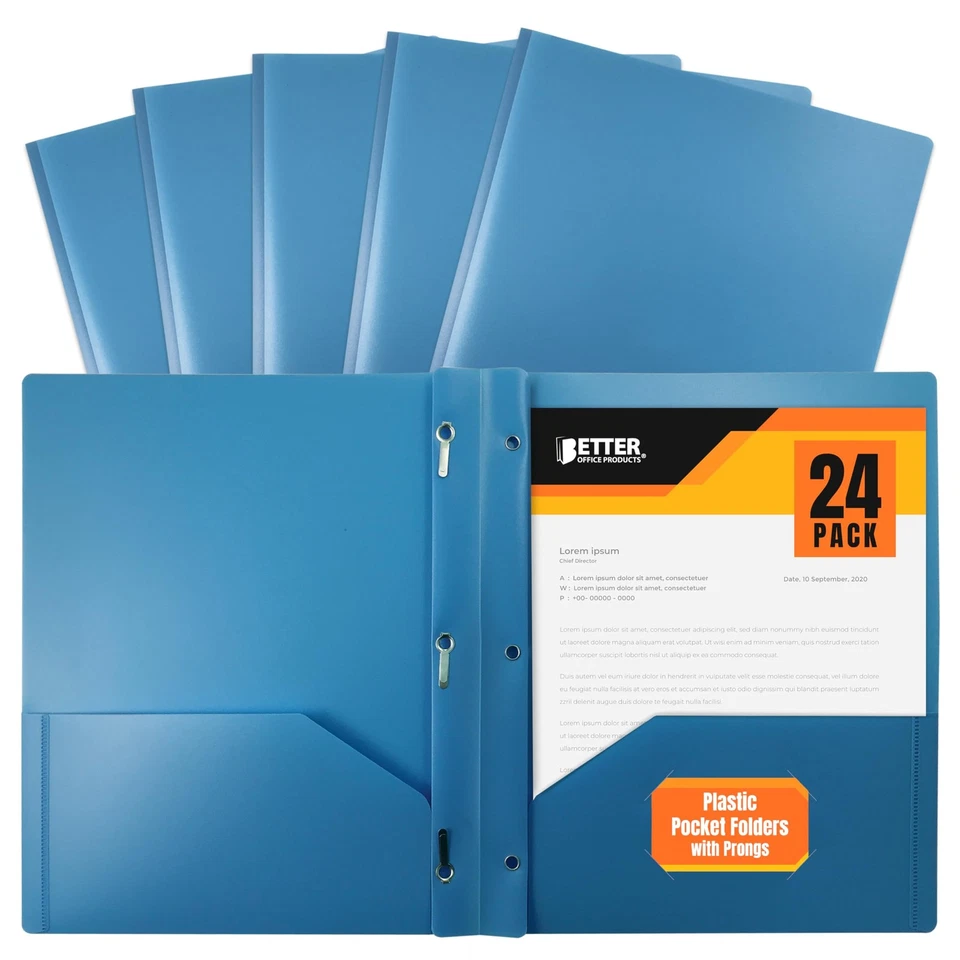 Light Blue Plastic 2 Pocket Folders With 3 Metal Prongs Fastener Clips 24 Pk - Image 1 of 4